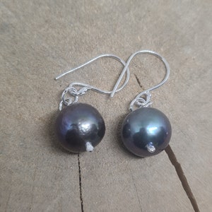 Pearl dangle earrings in sterling silver, Peacock blue pearl earrings, Large pearl dangle earrings