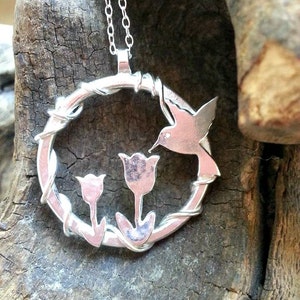Handmade Sterling Silver Hummingbird Necklace with Tulip Flower
