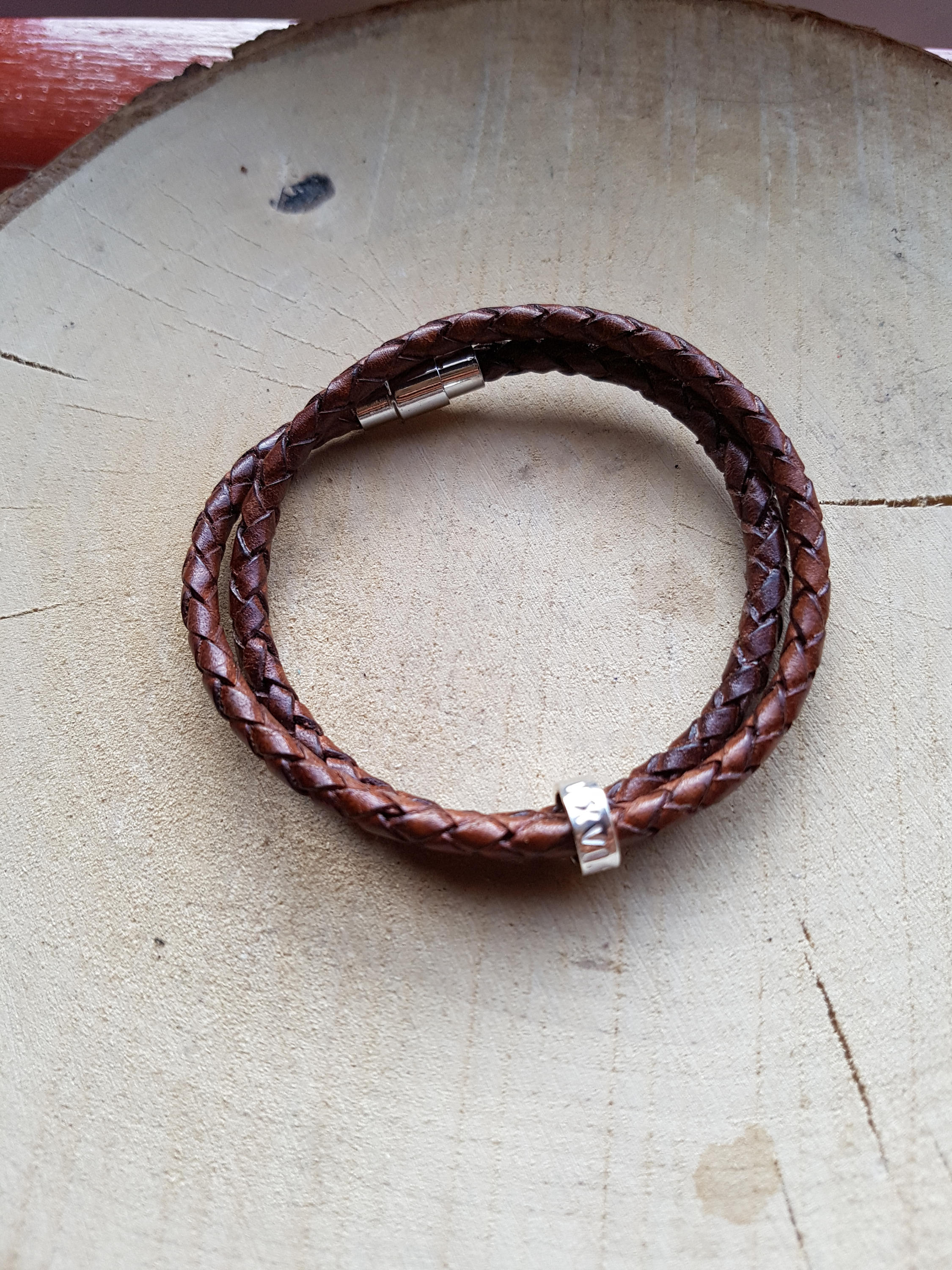 Personalized Double Wrap Leather Bracelet: Sterling Silver Charm