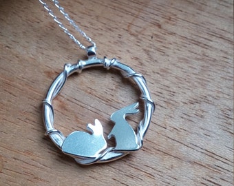 Sterling Silver Bunny Pendant: Mother & Baby Rabbit Necklace