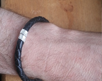 Custom Coordinates Braided Leather Bracelet - Sterling Silver Charm