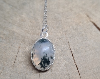 Sterling Silver Moss Agate Pendant Necklace: Green Gemstone