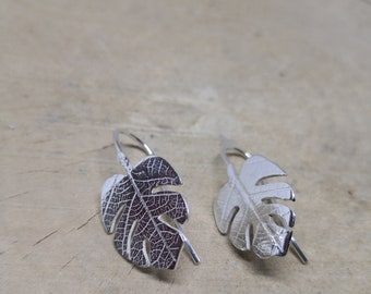 Handmade Sterling Silver Monstera Leaf Dangle Earrings