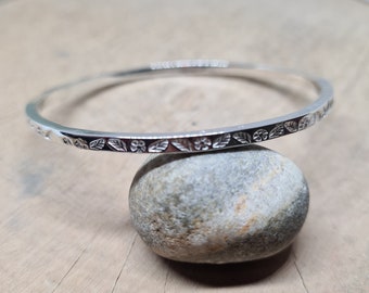 Hand Stamped Floral Sterling Silver Bangle Bracelet