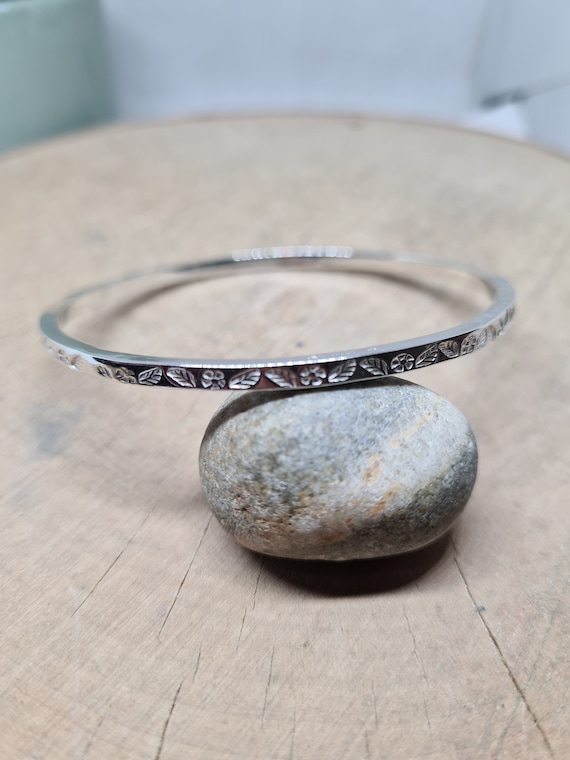 Hand Stamped Floral Sterling Silver Bangle Bracelet - Etsy Hong Kong