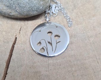 Poppy flower field necklace sterling silver, Handmade poppy pendant