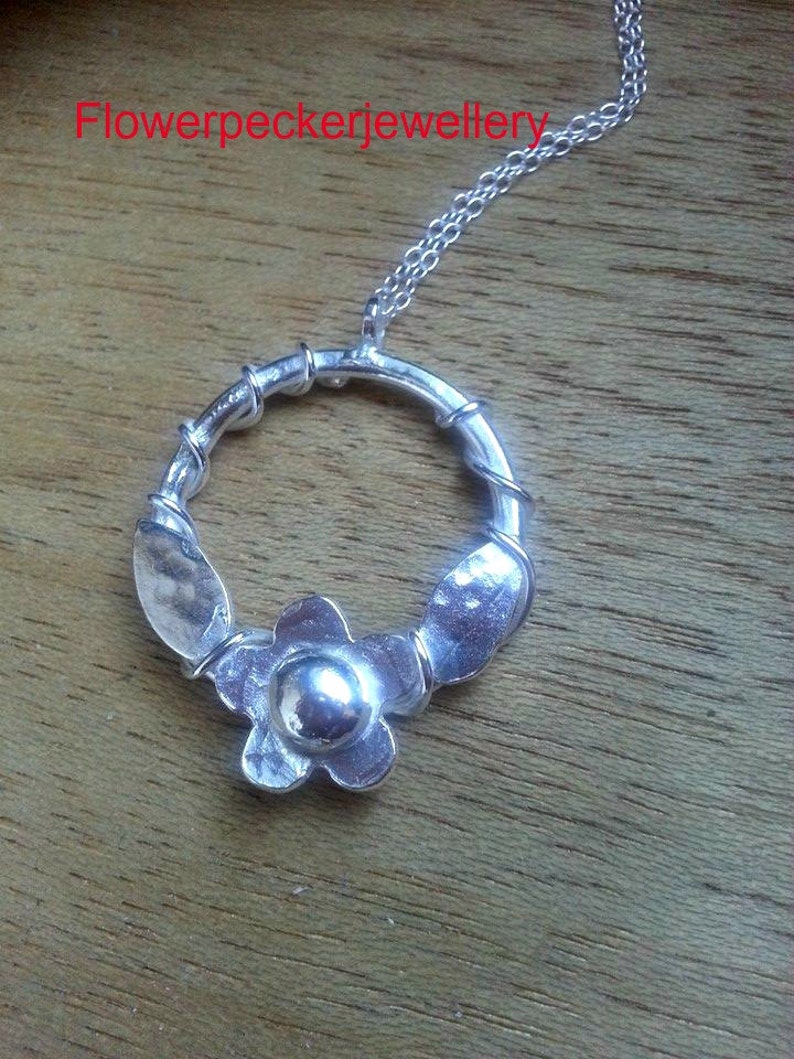 Silver Flower Pendant Silver Leaf Necklace Hoop pendant image 2