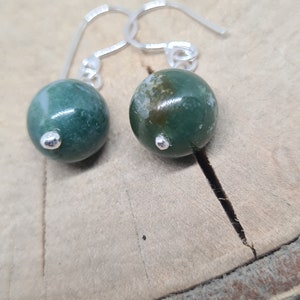 Moss agate dangle earrings in sterling silver, Green gemstone earrings