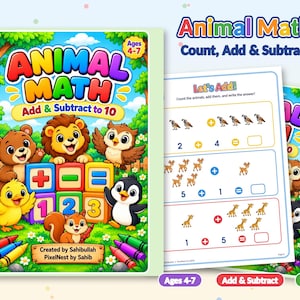 Rekenen met dieren voor kinderen van 3-7 jaar, optellen en aftrekken tot 10, printbare werkbladen voor kleuters en peuters, direct te downloaden als pdf.