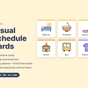 Op de afbeelding: Visuele dagplanningkaarten voor kinderen met 46 plaatjeskaarten, een dagplanner en een First/Then-bord. De tekst luidt: FOR KIDS Visual Schedule Cards, 46 picture cards, Large and small size, Daily planner + First/Then board, Instant download, print at home, English · PDF · A4 / Letter.