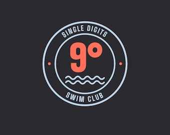 May include: A circular logo on a dark grey background featuring the text SINGLE DIGITS at the top and SWIM CLUB at the bottom in light blue. The centre displays a coral-coloured 9o symbol above three light blue wavy horizontal lines.