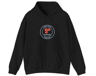 May include: A black hooded sweatshirt featuring a circular logo on the chest. The logo contains the text "SINGLE DIGITS" and "SWIM CLUB" in white, with a large orange "9°" and wavy lines centred inside a light blue circular border.
