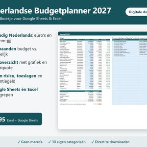 Könnte beinhalten: Ein digitaler Budgetplaner für 2027 auf Niederländisch, kompatibel mit Google Sheets und Excel. Die Benutzeroberfläche zeigt eine monatliche Budgettabelle mit Kategorien, Einnahmen und Ausgaben sowie ein Transaktionsprotokoll. Enthält 12 Monate Tracking, eine Jahresübersicht mit Diagrammen und anpassbare Kategorien.