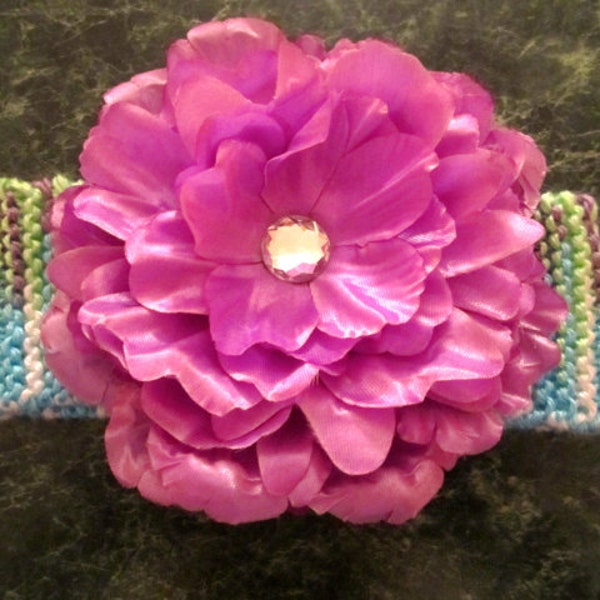 Hand Knitted, Baby Organic Head Band in Pastal Colors with Large Diva Detachable Flower