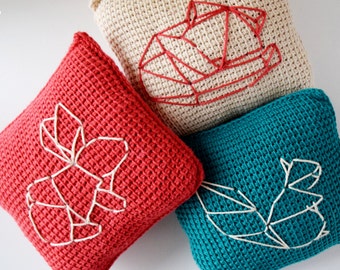 DIY Crochet PATTERN - Learn To Tunisian Crochet Origami Woodland Animals Throw Pillows - 8" Square Squirrel, Fox, Rabbit (2016009)