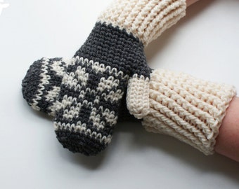 DIY Crochet PATTERN - Fair Isle Crochet Snowflake Mittens- Ladies Large / Mens Small (2016001)