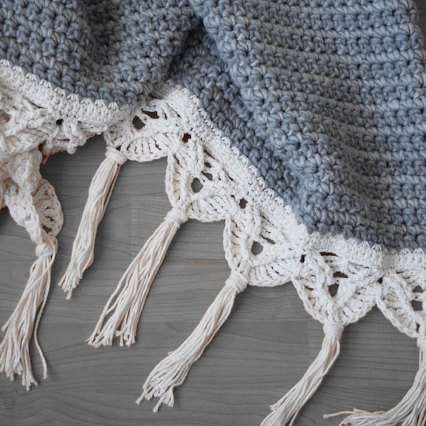 DIY Crochet PATTERN - Crochet Macrame Edged Blanket (2019001):  crochet pattern, macrame trim, macrame pattern, crochet blanket, afghan