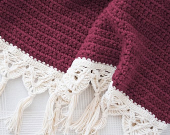 DIY Crochet PATTERN - Crochet Macrame Edged Blanket (2019001):  crochet pattern, macrame trim, macrame pattern, crochet blanket, afghan