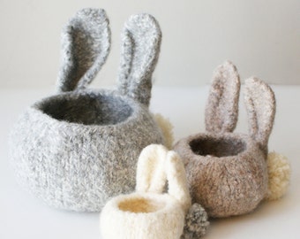 DIY Knitting PATTERN - Knit Wool Felt Bunny Bowls (in 3", 4", and 7" diameter)