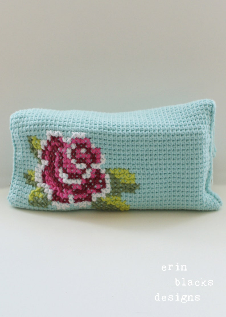 DIY Tunisian Crochet PATTERN Cotton Pink Rose Bloom Clutch 11 x 11 tunisian007 image 2