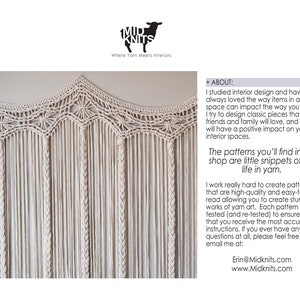 May include: A close-up of a macrame wall hanging made with natural colored yarn. The wall hanging features a repeating pattern of knots and loops. The text "Mid Knits" and "Where Yarn Meets Interiors" is visible at the top of the image.