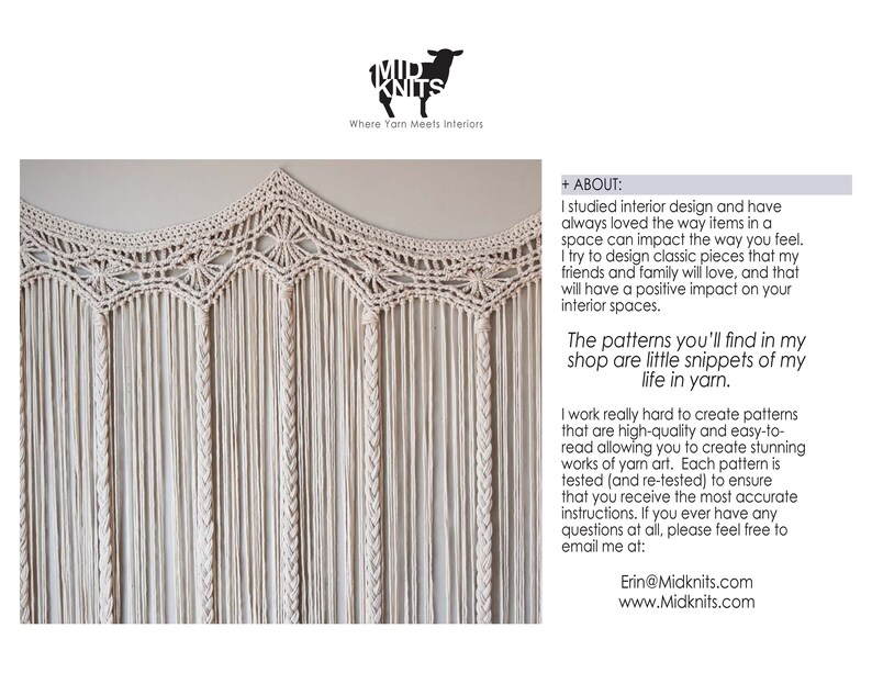May include: A close-up of a macrame wall hanging made with natural colored yarn. The wall hanging features a repeating pattern of knots and loops. The text "Mid Knits" and "Where Yarn Meets Interiors" is visible at the top of the image.