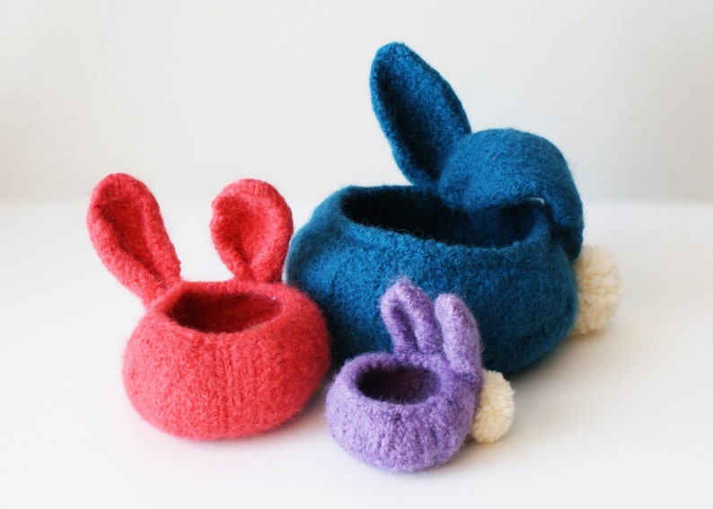 DIY Knitting PATTERN Knit Wool Felt Bunny Bowls in 3, 4, and 7 diameter image 1