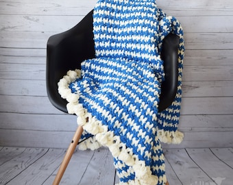 DIY Crochet PATTERN - Crochet Emmi Throw Blanket 46" x 63" (2018002) afghan, crochet pattern, houndstooth, pompom, blue, throw blanket, hood
