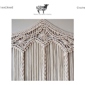 May include: A close-up of a crocheted macrame curtain with a geometric pattern. The curtain is made of natural-colored yarn and has a fringe at the bottom. The text "Crochet Pattern 2019002" is visible in the top right corner of the image.