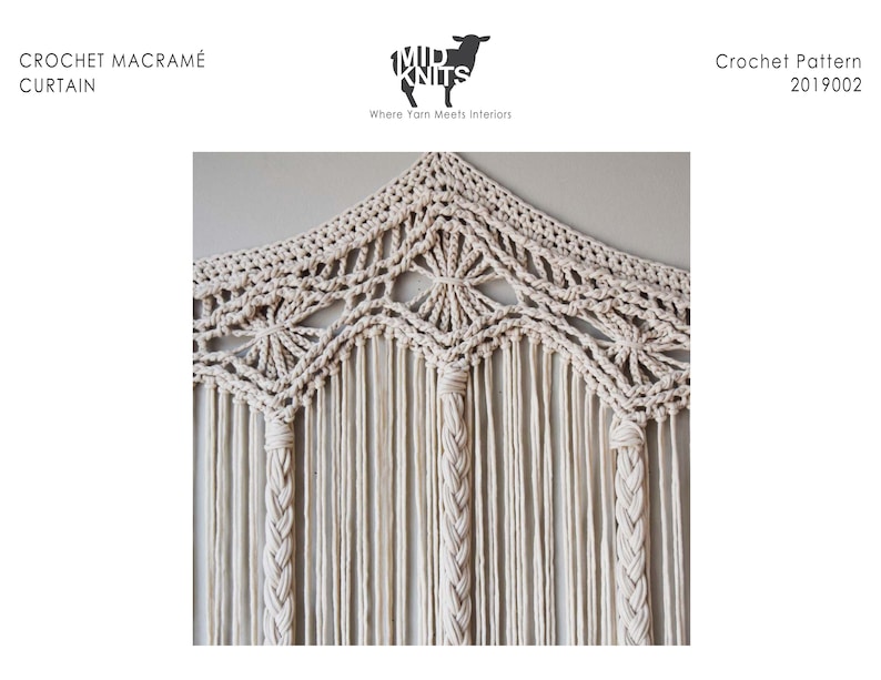 May include: A close-up of a crocheted macrame curtain with a geometric pattern. The curtain is made of natural-colored yarn and has a fringe at the bottom. The text "Crochet Pattern 2019002" is visible in the top right corner of the image.
