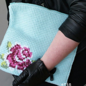 DIY Tunisian Crochet PATTERN Cotton Pink Rose Bloom Clutch 11 x 11 tunisian007 image 5