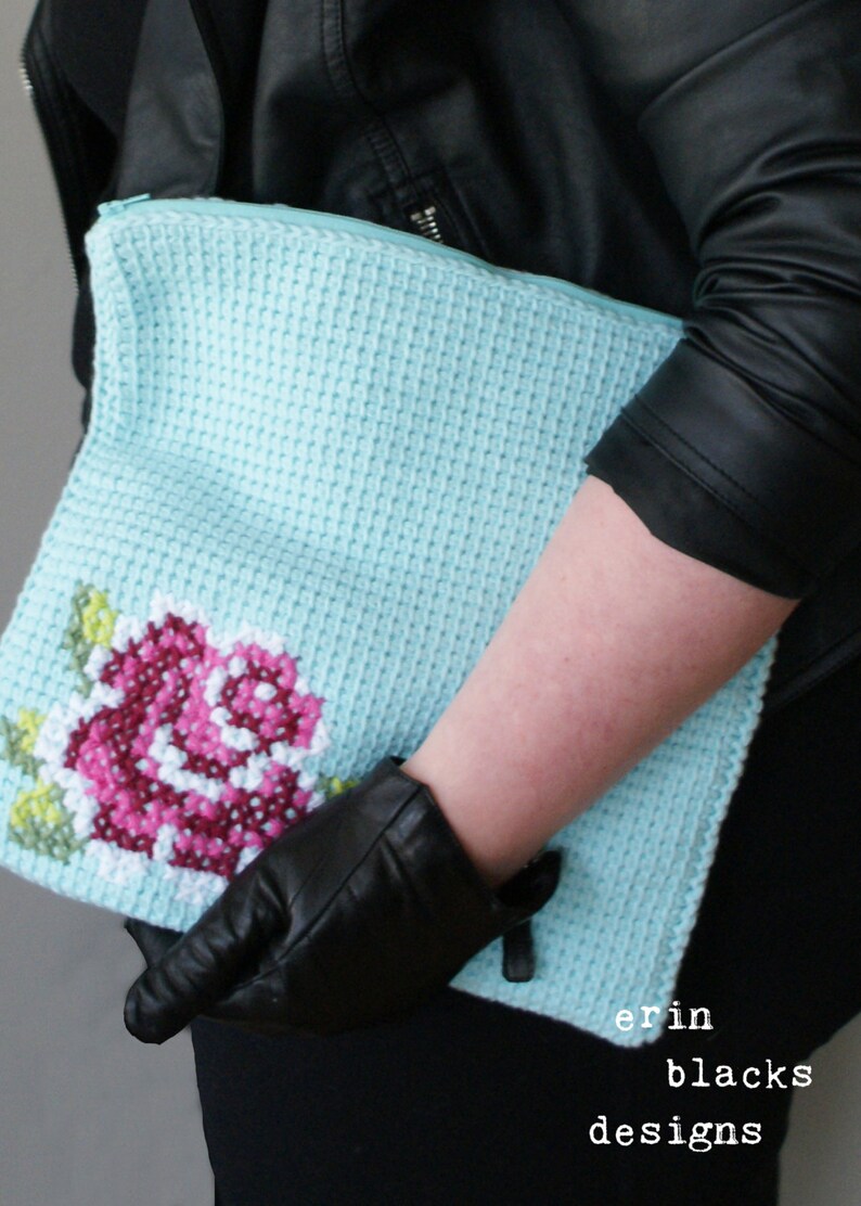 DIY Tunisian Crochet PATTERN Cotton Pink Rose Bloom Clutch 11 x 11 tunisian007 image 5