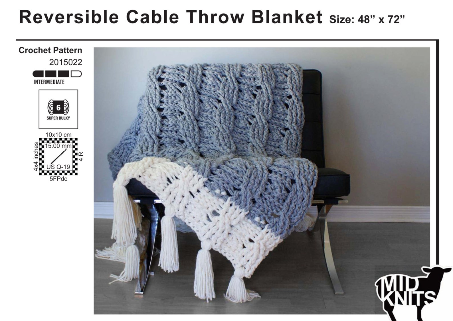 DIY Crochet PATTERN - Reversible Cable Throw Blanket / Rug 49" X 72 ...