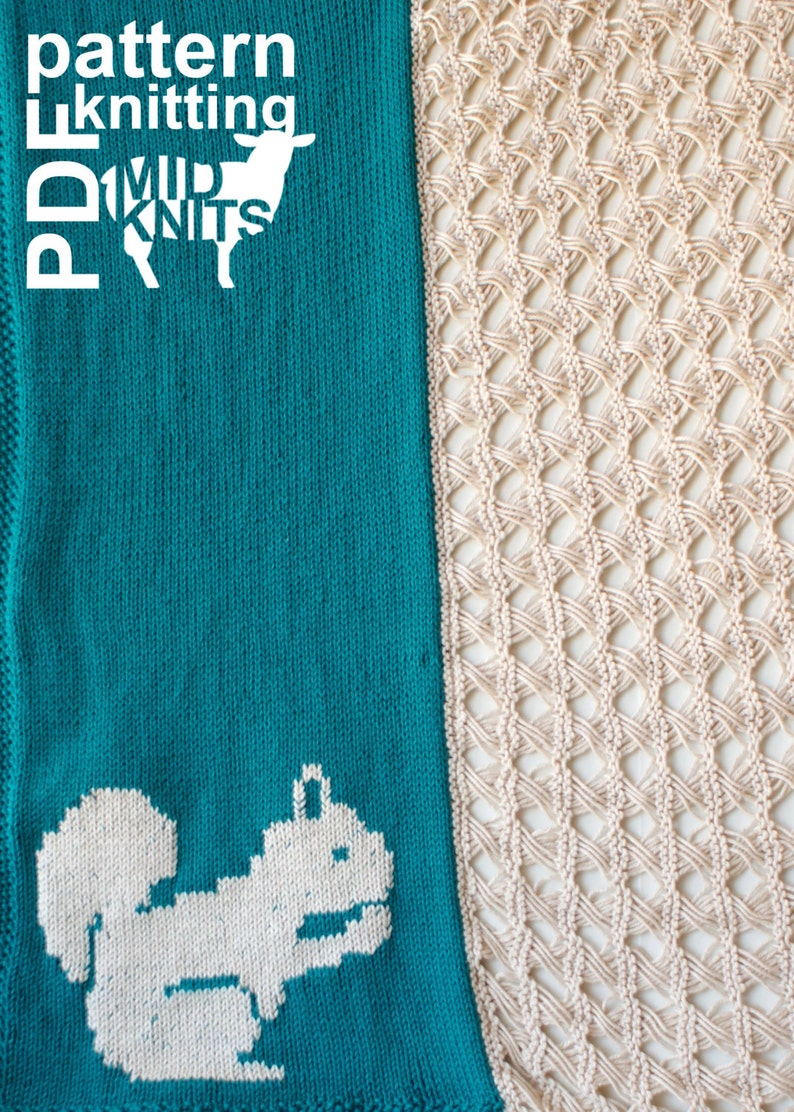 DIY Knitting PATTERN Duplicate Stitch Squirrel Stockinette & Lace Throw Blanket / Blanket Shawl / Scarf 42 x 52 2016013 image 2
