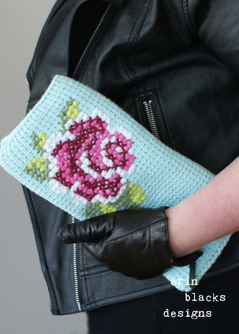 DIY Tunisian Crochet PATTERN Cotton Pink Rose Bloom Clutch 11 x 11 tunisian007 image 4