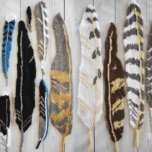 Puede incluir: Una colección de diez adornos de plumas tejidos en varios colores y patrones, incluyendo negro, blanco, gris, marrón, azul y dorado. Las plumas están dispuestas en dos filas sobre un fondo de madera blanco.