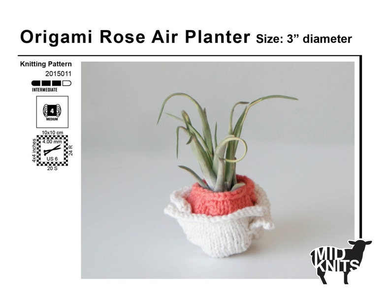 DIY Knitting PATTERN Origami Rose Air Planter Size: 3 diameter 2015011 image 2