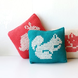 DIY Crochet PATTERN Learn To Tunisian Crochet Woodland Animals Cross-stitch Throw Pillows 8 Square Squirrel, Fox, Rabbit 2016008 image 1