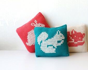 DIY Crochet PATTERN - Learn To Tunisian Crochet Woodland Animals Cross-stitch Throw Pillows - 8" Square Squirrel, Fox, Rabbit (2016008)