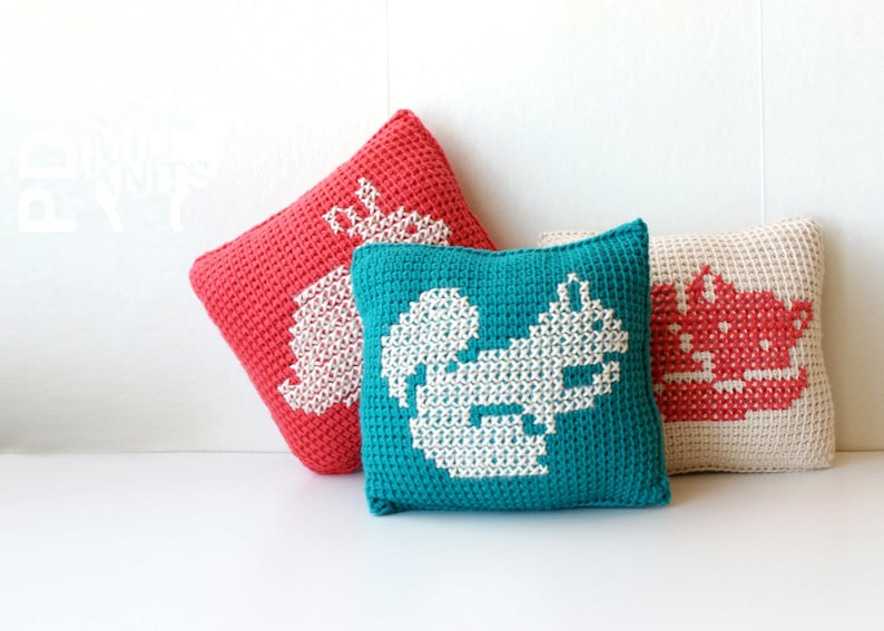 DIY Crochet PATTERN Learn To Tunisian Crochet Woodland Animals Cross-stitch Throw Pillows 8 Square Squirrel, Fox, Rabbit 2016008 image 1