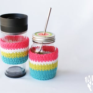 DIY かぎ針編みパターン - ストライプ柄ドリンクカバー - 直径 3 インチ、標準の瓶とコーヒー カップ スリーブにフィット (2015031)