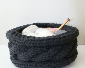 DIY Knitting PATTERN - Twisted Cable Chunky Knit Basket (approx 13" diameter by 7" tall) (homdec011)