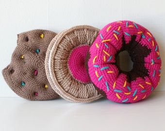 DIY Crochet PATTERN - Sweet Treats Cushion Collection - 11" diameter Donut, Chocolate Chip Cookie, and Fruit Creme Cookie (2015028)