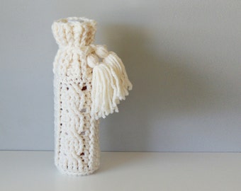 DIY Crochet PATTERN - Crochet Cable Wine Bottle Cozy  Size: 4.5" diameter x 12" tall (2015025)