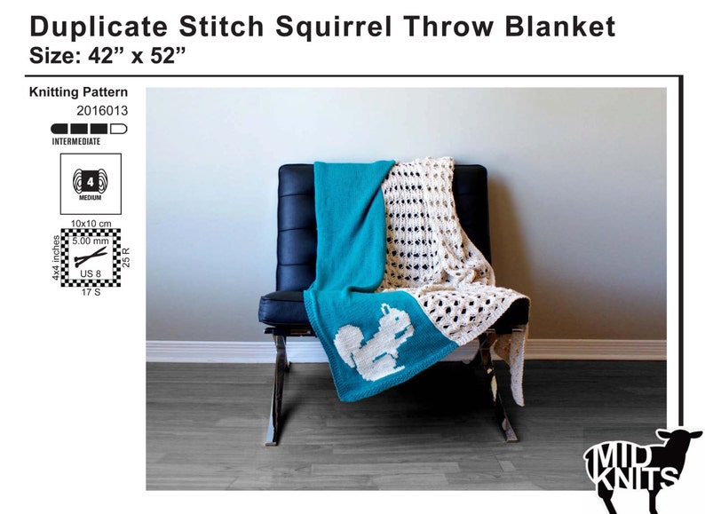 DIY Knitting PATTERN Duplicate Stitch Squirrel Stockinette & Lace Throw Blanket / Blanket Shawl / Scarf 42 x 52 2016013 image 5