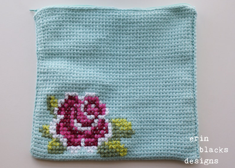 DIY Tunisian Crochet PATTERN Cotton Pink Rose Bloom Clutch 11 x 11 tunisian007 image 3