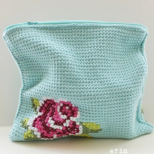 DIY Tunisian Crochet PATTERN Cotton Pink Rose Bloom Clutch 11 x 11 tunisian007 image 1