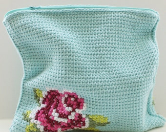 DIY Tunisian Crochet PATTERN - Cotton Pink Rose Bloom Clutch (11" x 11") (tunisian007)