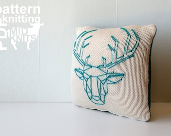 DIY Knitting PATTERN - Origami Stag Head Stockinette Throw Pillow - 12" Square (2016012)