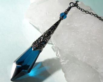 Dark Teal Icicle Prism Pendant, Black Silver, Bright Silver, Gold or Copper Filigree Cone, Teal Glass Crystals, Mystical Pendulum Jewelry
